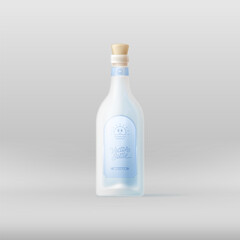 Realistic vector mockup of a translucent bottle with cork on neutral gray background, ideal for branding, packaging, or advertising design.