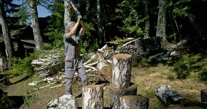 Man Splitting Large Birch Logs with Axe Outdoors in Sunny Forest Area, Chopping Firewood for Winter, Dynamic Action Scene with Wood Chips Flying, Stack of Birch Firewood and Tree Trunks in Background
