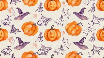 Seamless watercolor pattern with Halloween pumpkin and witch hat