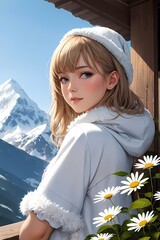 A beautiful anime girl with blonde hair and blue eyes, wearing a cozy winer hooded with fluffy trim, standing on a wooden balcony with snow covered mountains, dreamy winter morning, wallpaper