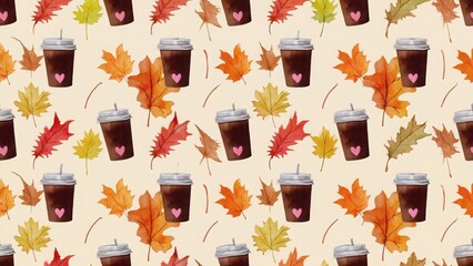 Seamless watercolor pattern with autumn leaf and coffee cup