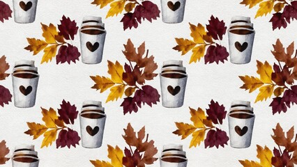 Seamless watercolor pattern with autumn leaf and coffee cup
