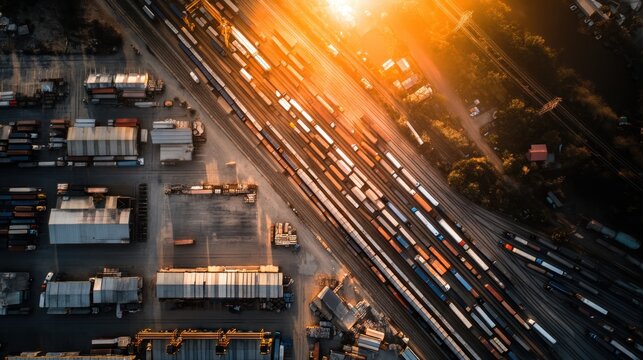 Aerial view of busy freight rail yard