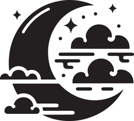 Crescent moon with clouds and stars night