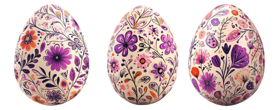 Hand-painted Easter egg with a floral pattern in vibrant colors isolated on transparent white background. Festive and decorative holiday concept