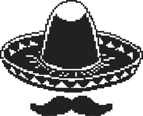 Naklejka premium Pixel art sombrero and mustache isolated, minimal mexican retro icon classic black white design, folk culture celebration symbol