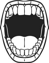 Open human mouth illustration wide open mouth showing teeth, tongue, uvula anatomy, dental health, oral examination concept