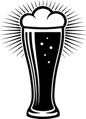 Foamy beer glass icon with radiant sunburst, classic pub drink illustration, refreshing beverage concept in black and white