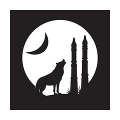 Wolf Howling Near Ancient Totem Poles Silhouette