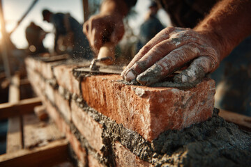 Bricklayer carefully setting a brick with a trowel on fresh mortar outdoors