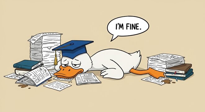 Exhausted Duck in Cap Surrounded by Papers, Saying "I'm Fine"