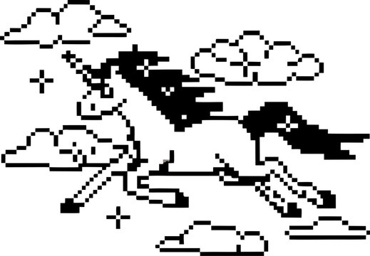 Pixel art unicorn flying among clouds and stars, black and white fantasy illustration, retro digital animal design