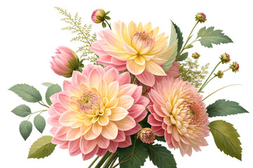 floral arrangement large pink and yellow flowers lush foliage isolated on white background