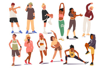 Teenage girls and boys cartoon character enjoying sport training fitness active recreation set