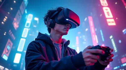 Young gamer wearing VR headset and holding controllers immersed in a vibrant cyberpunk city, representing virtual reality gaming, futuristic entertainment, and immersive digital experiences.