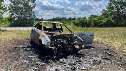 Burnt passenger car. Poland, Wroclaw.