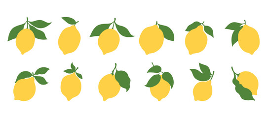 Lemons illustration, citrus fruits, green leaves. Clipart set, yellow green colors. Baby shower design elements. Party invitation, birthday celebration. Spring or summer decoration
