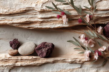 Beige layered stone texture with botanical elements in a zen spa layout from above