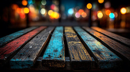 Christmas background colorful rustic wooden table surface with blurred bokeh lights