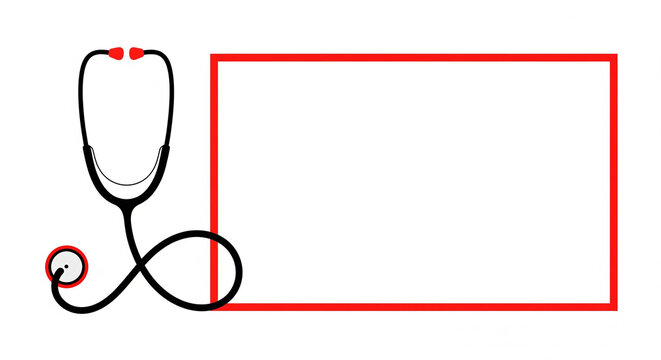 A stylized black stethoscope with red ear tips and a red-outlined chest piece, positioned to the left. To the right, there is a large red-outlined rectangular frame, creating a blank space.
