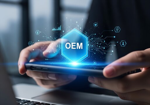 Person holding smartphone with glowing blue O E M hexagon and digital network hands