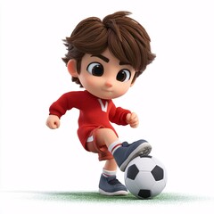 Cartoon Boy Playing Soccer Ball in 3D Clipart Style on White Background