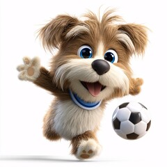 Adorable 3D Cartoon Dog Playing Soccer on White Background