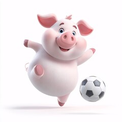Playful 3D Cartoon Pig Playing Soccer Ball on White Background
