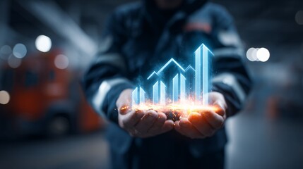 A firefighter holds a glowing blue bar graph symbolizing data analytics