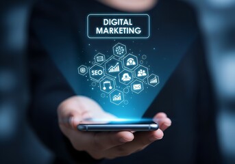 Person s hand holding smartphone displaying digital marketing icons and data technology