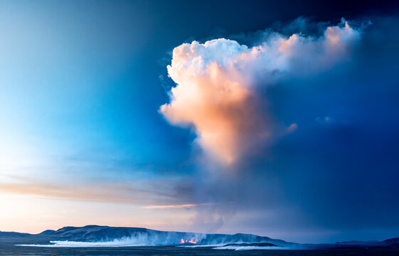 View of a dramatic cloudscape with sunlight catching the edges above the dark landscape and the sea, Grindavik, Grindav&Atilde;&shy;kurb&Atilde;&brvbar;r, Iceland.