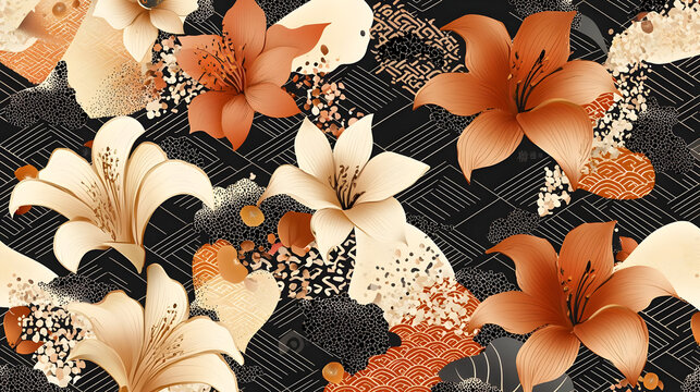 Floral pattern with lilies,  terracotta and cream tones, abstract textures on dark background