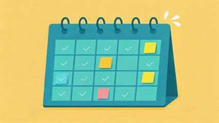 Colorful calendar with marked dates and sticky notes showcases organization and planning. cheerful design evokes sense of productivity and creativity, perfect for scheduling tasks