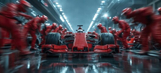 A Formula 1 team executes a swift pit stop within a garage, highlighting precise collaboration and effectiveness. This conveys the idea of quick vehicle maintenance.
