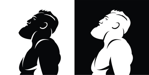 Silhouette of a muscular man, profile view, black and white.