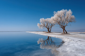 Salt lake tuzkol with calm mirror reflections and minimalist horizon in almaty region