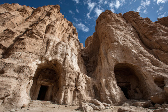 Ancient buddha niches carved into golden cliffs under a bright blue sky in bamyan valley