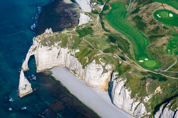 Aerial view of Golf Course at Étretat Cliffs in France on the Coast of the Atlantic Ocean, English Channel