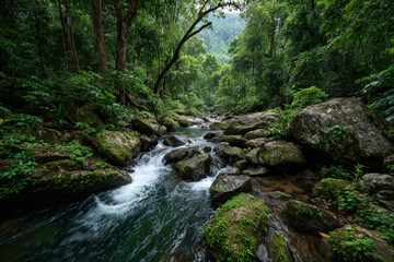 Obraz premium Powerful waterfall cascading over mossy rocks in lush laos jungle forest