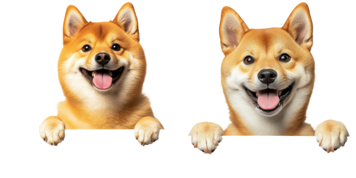Two happy Shiba Inu dogs with tongues out, smiling and resting their front paws on an invisible surface.