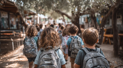 A group of children walking down a path in a park. They carry backpacks and have varying hair colors and styles. The scene is surrounded by trees and outdoor structures.