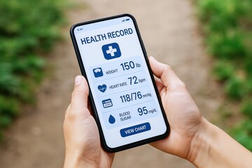 Medical record tracking ensures accurate and efficient patient care. A person holds a smartphone displaying a digital health record showing weight, heart rate, blood pressure, and blood sugar levels.