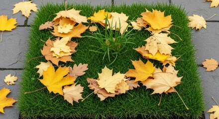 Autumn leaves arranged in a square on vibrant green grass with scattered leaves