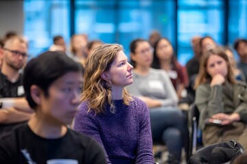 Obraz premium Professionals attentively listen and engage at a modern conference.