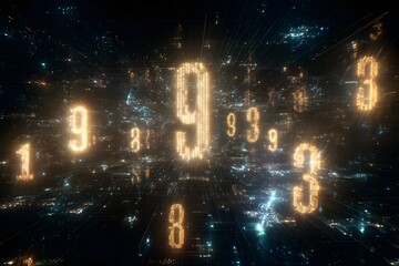 Futuristic finance concept featuring glowing numbers and digital data streams on a dark background.