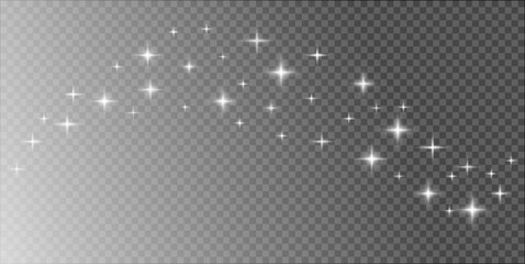 Realistic Isolated Silver Stars Light flare on Transparent Background. Silver Light from the sky. Christmas background. PNG picture. Vector illustration.