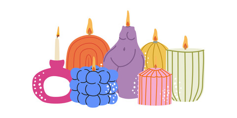 Various vintage candles. Retro wax doodle candles set of various shapes and colours in cartoon groovy style. Aromatherapy hand drawn design elements