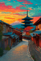 Obraz premium A vibrant digital illustration depicting a picturesque scene in Kyoto, Japan. traditional Japanese houses. Mount Fuji stands majestically against a backdrop of a colorful sunset sky