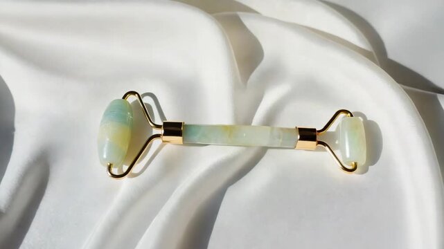 Natural jade roller for skincare and relaxation on soft fabric