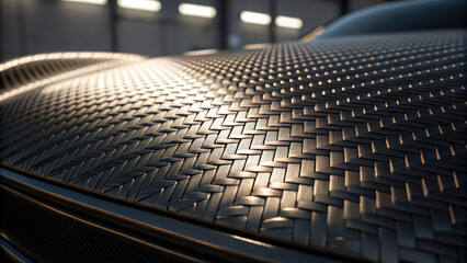 Fototapeta premium Close up view of textured surface featuring cross ply weave pattern, showcasing intricate details and light reflections that create striking visual effect. design emphasizes craftsmanship